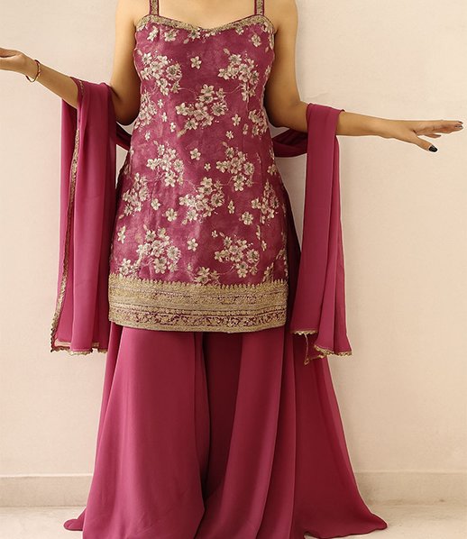 Wine Strap Kurta With Wide Palazzo